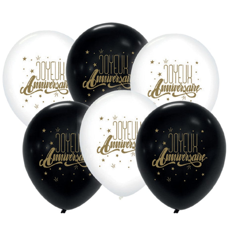 6 Ballons Joyeux Anniversaire Blanc / Noir - 30 cm image 0