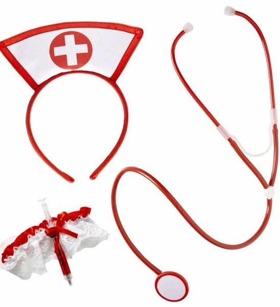 "SET INFIRMIERE" (coiffe, jarretière avec seringue, stethoscope) image 0